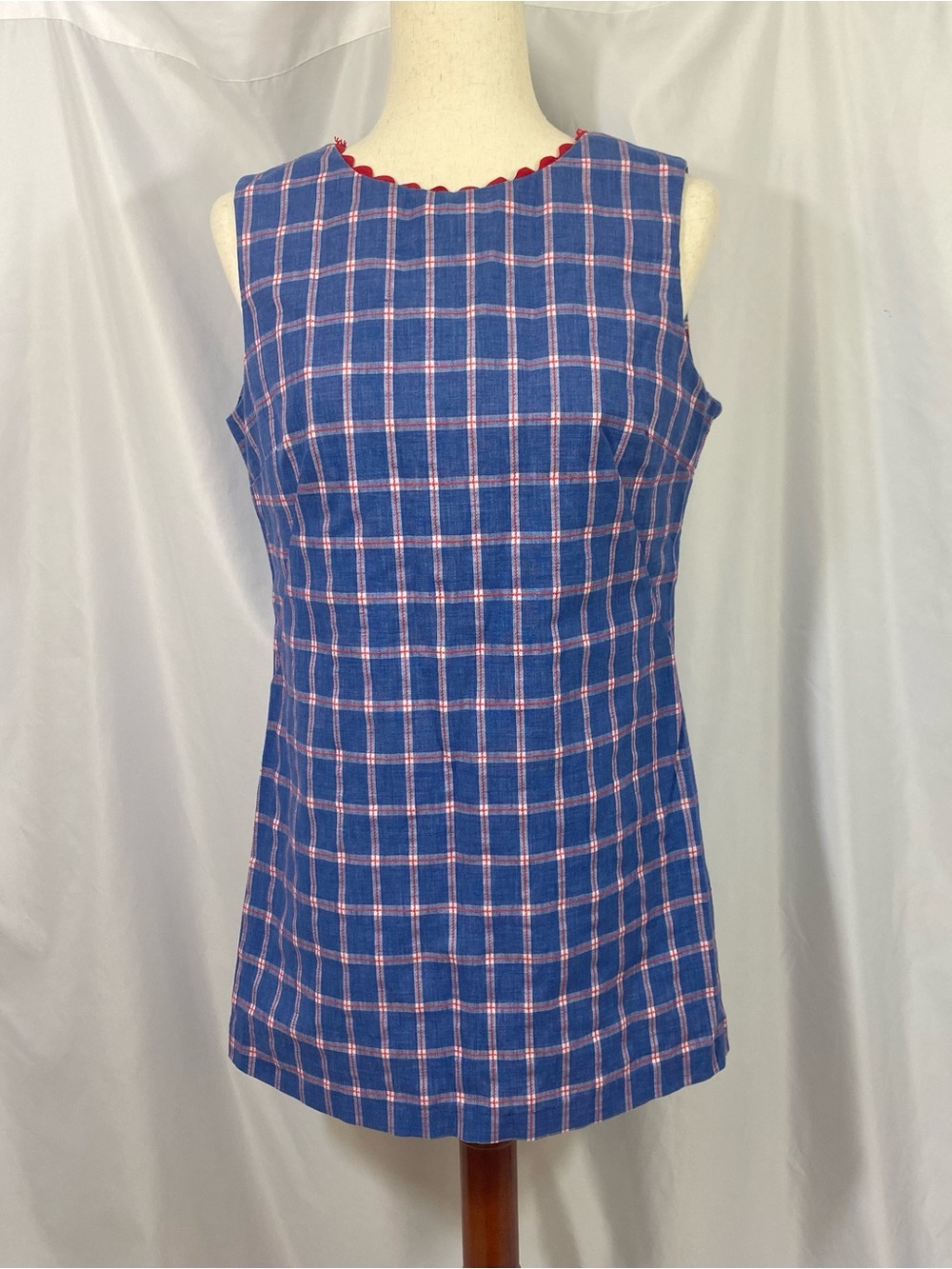 Vintage Blue Plaid Sleeveless Mini Dress Size Large Mod